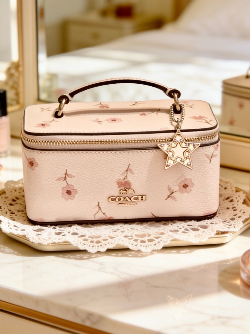 Coach Pink Floral mini Vanity Case & Gold Star⭐️ branded Charm,cottage core rare